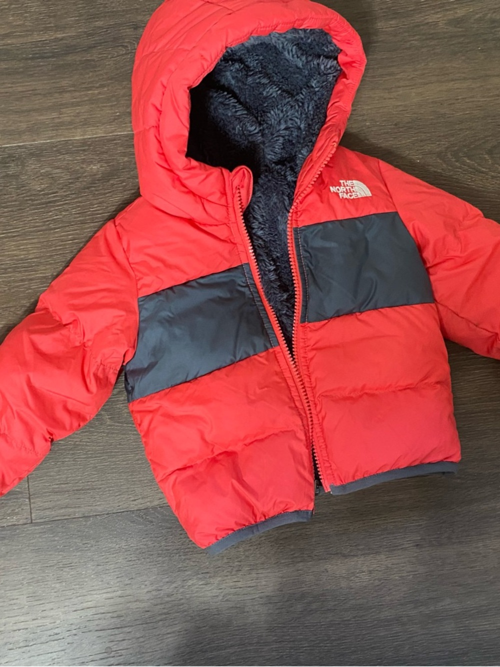 The North Face Kids Red and Black Hooded Puffer Jacket